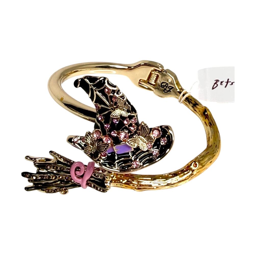 Betsey Johnson Halloween Bracelet Witch Hat Broom Gold Pink Butterfly Hinged New